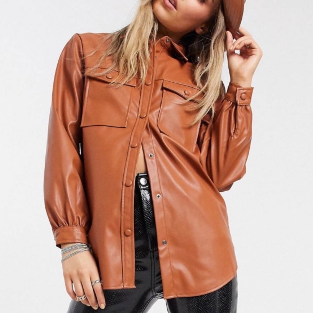 New Look Brown Faux Leather Shacket Button Down Jacket Size 4